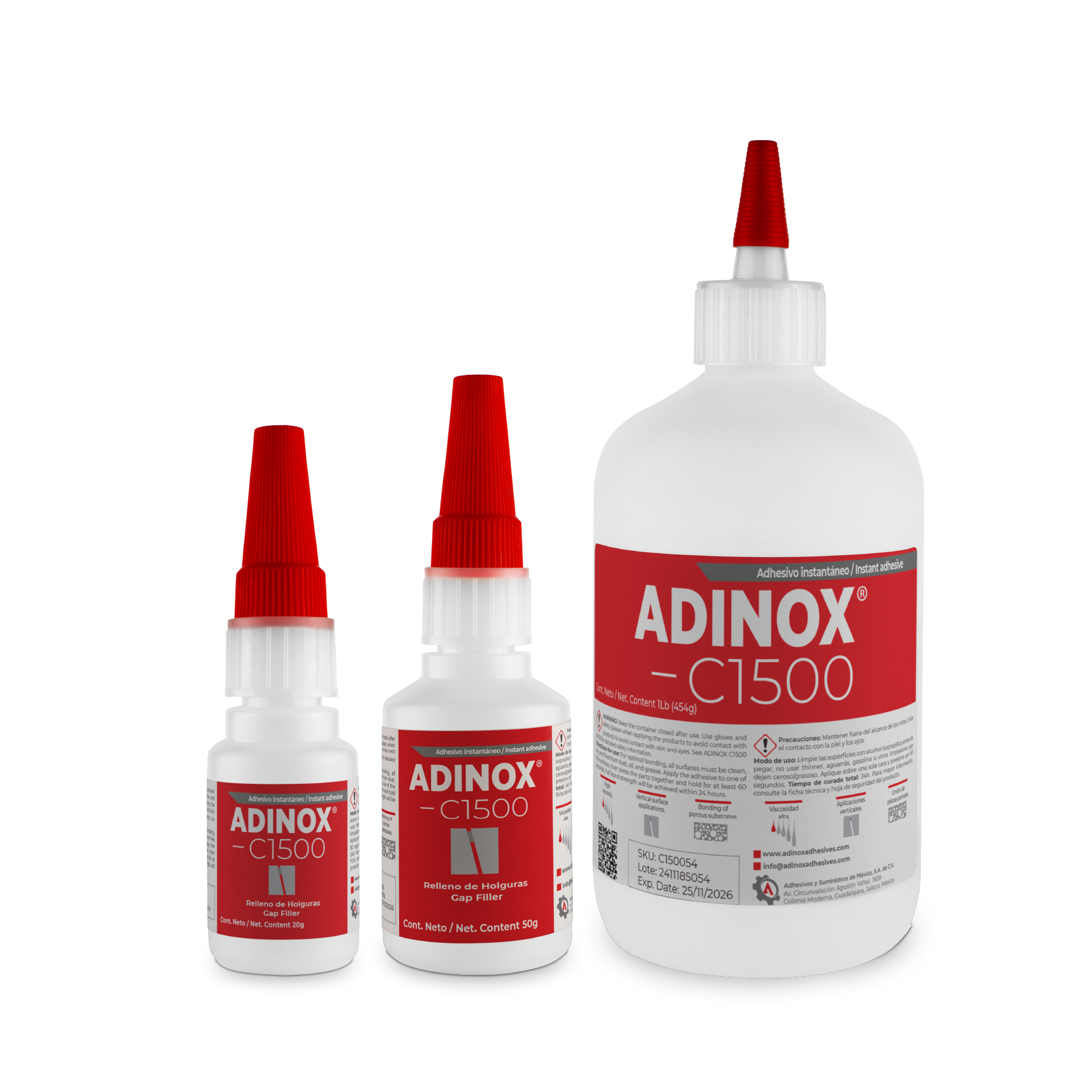 ADINOX® C1500 — Presentaciones 20 g, 50 g y 454 g pegamento alta viscosidad industrial ADINOX C1500, presentaciones 20 g, 50 g y 454 g
