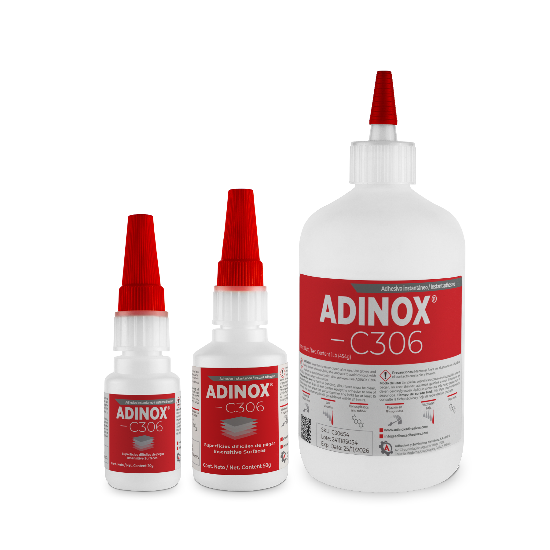 ADINOX® C306 — Presentaciones 20 g, 50 g y 454 g pegamento de secado rápido ADINOX C306, presentaciones 20 g, 50 g y 454 g