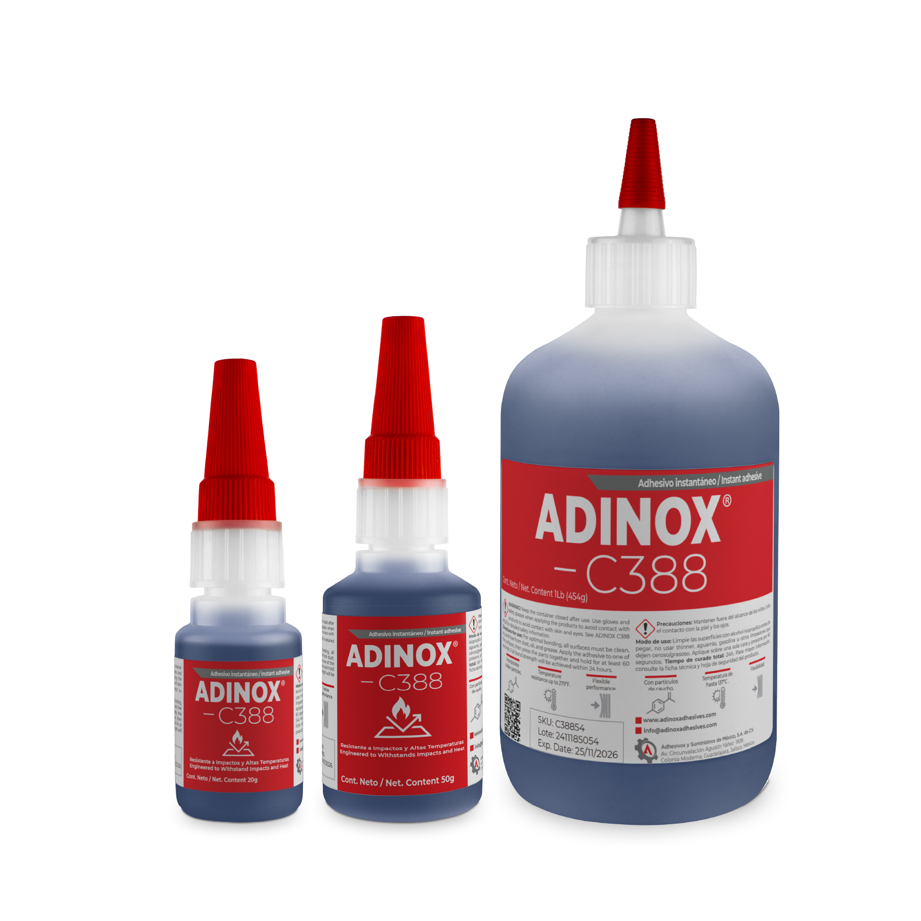 ADINOX® C388 — Presentaciones 20 g, 50 g y 454 g pegamento negro resistente a impactos ADINOX C388, presentaciones 20 g, 50 g y 454 g